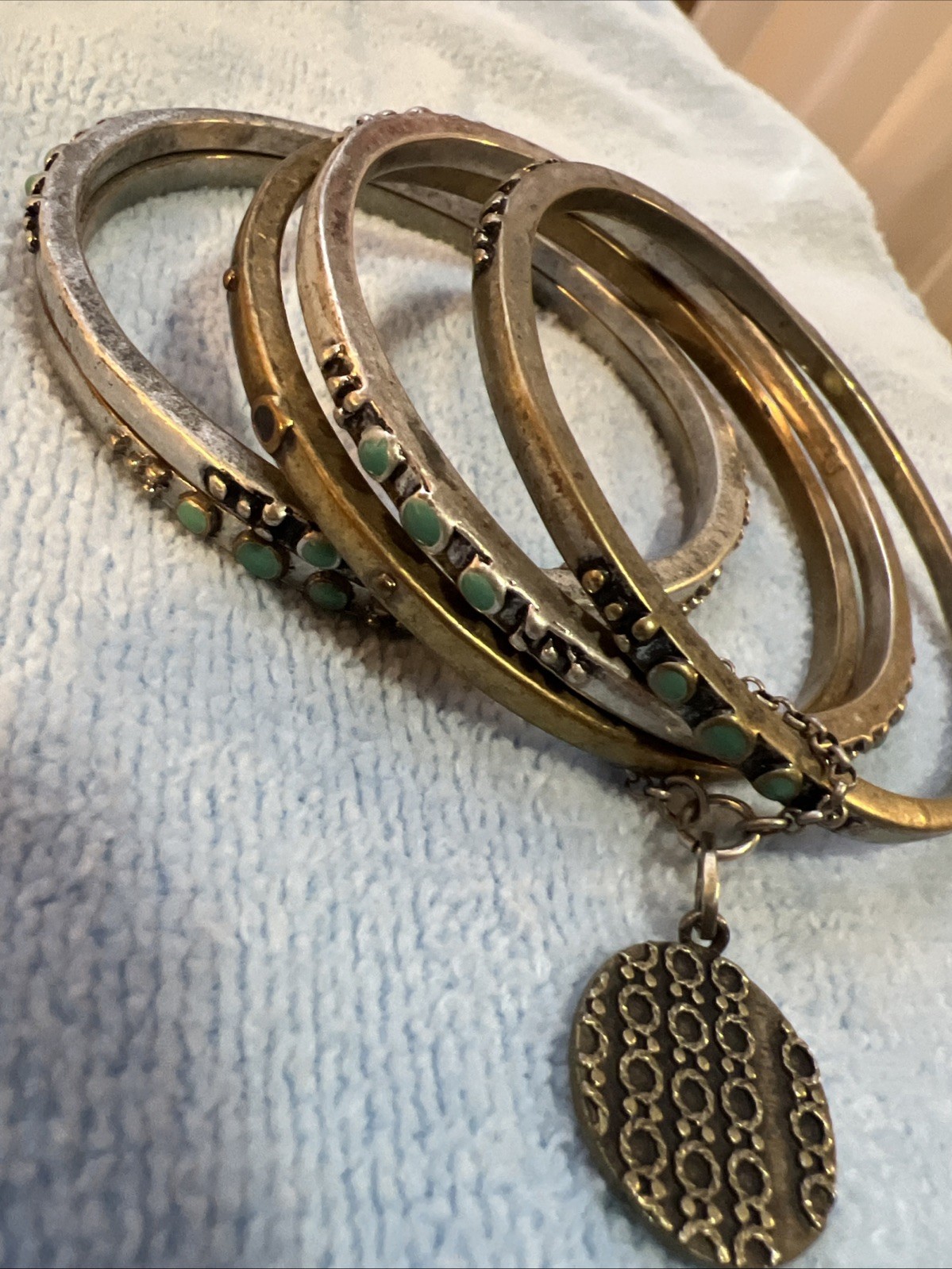 Vtg Brass Silver Tone 5 Stacking Southwest Turquoise Enamel Bangle Bracelet Lot