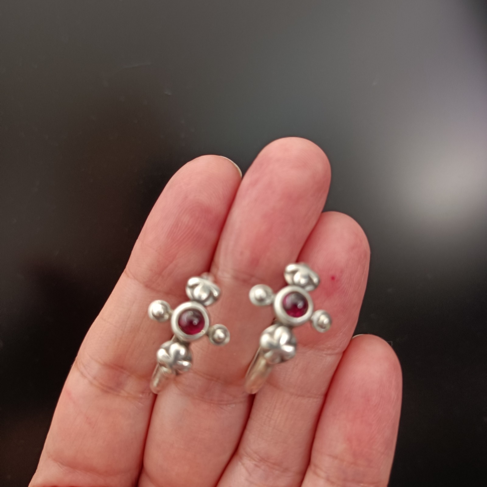 Vintage Silver Hoop Earrings Garnet Cabochon Boho Handmade Sculptural Artisan