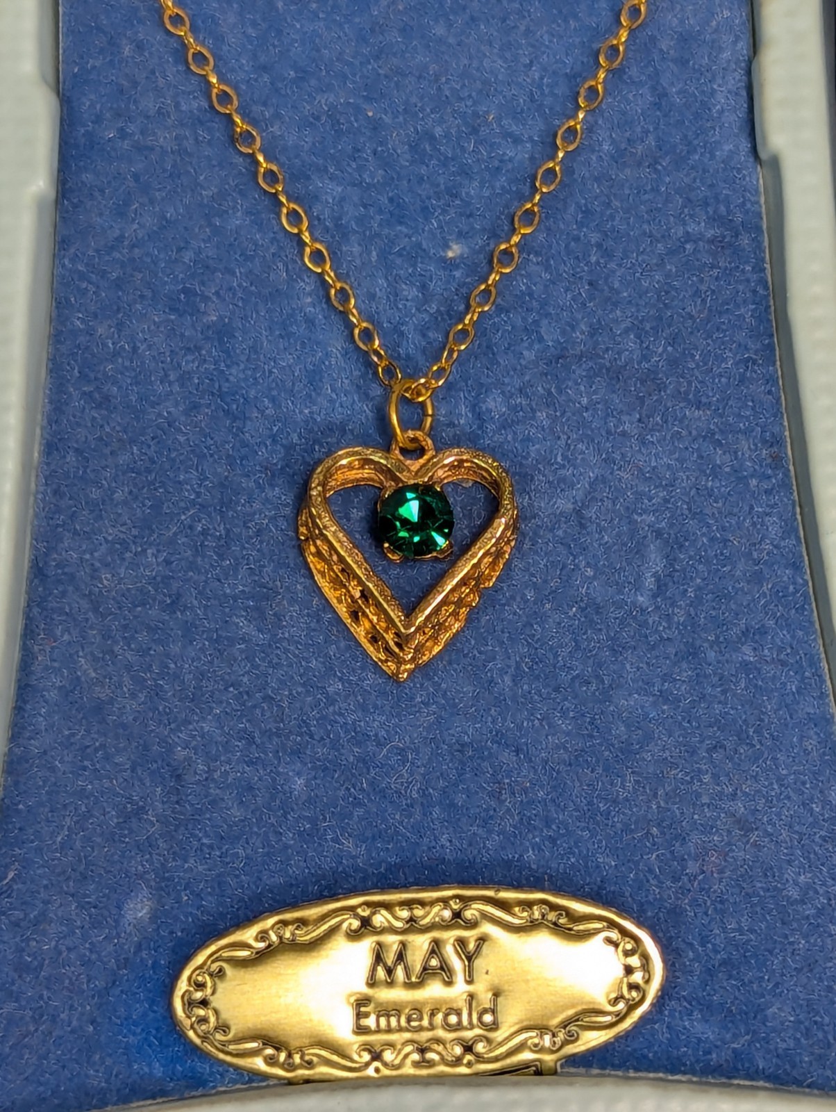 Vintage Gold Filled Chain Necklace 16″ Emerald Filigree Heart Pendant May