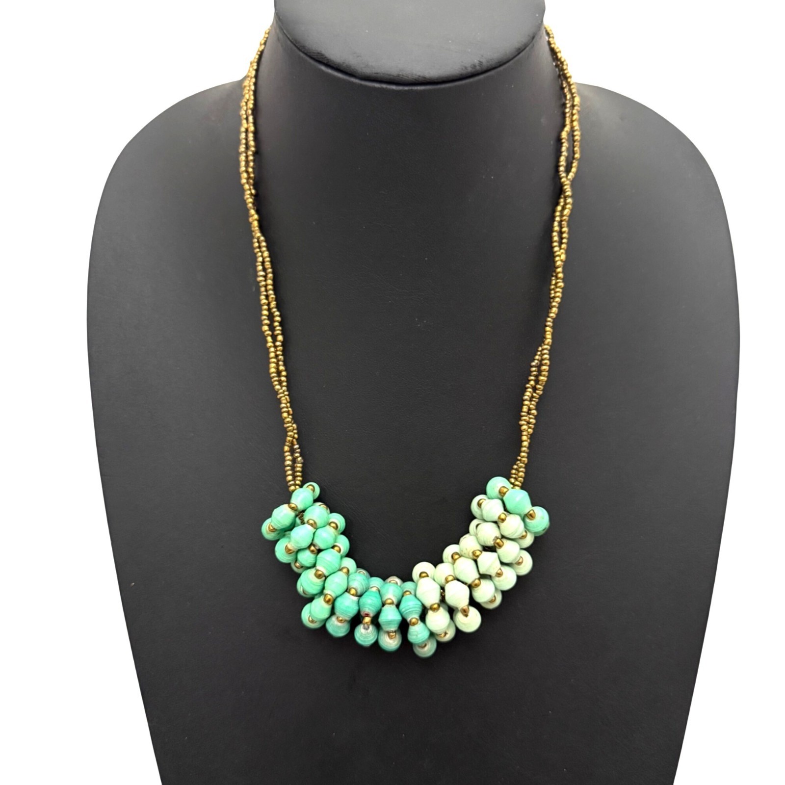 Vintage Teng Yue Necklace Paper Beads Statement Boho Green Gold Tone 22 inches
