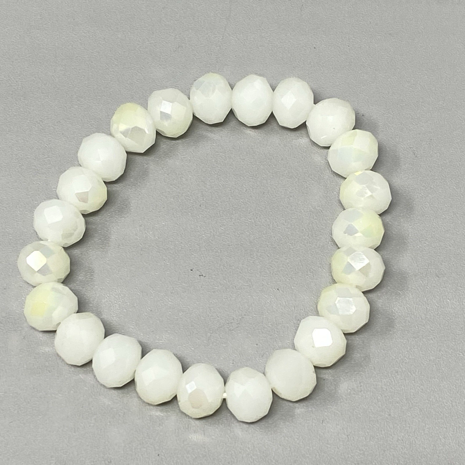 Ivory Glass Beaded Bracelet Fire Polished Faceted Stretch Elastic Classic 6″