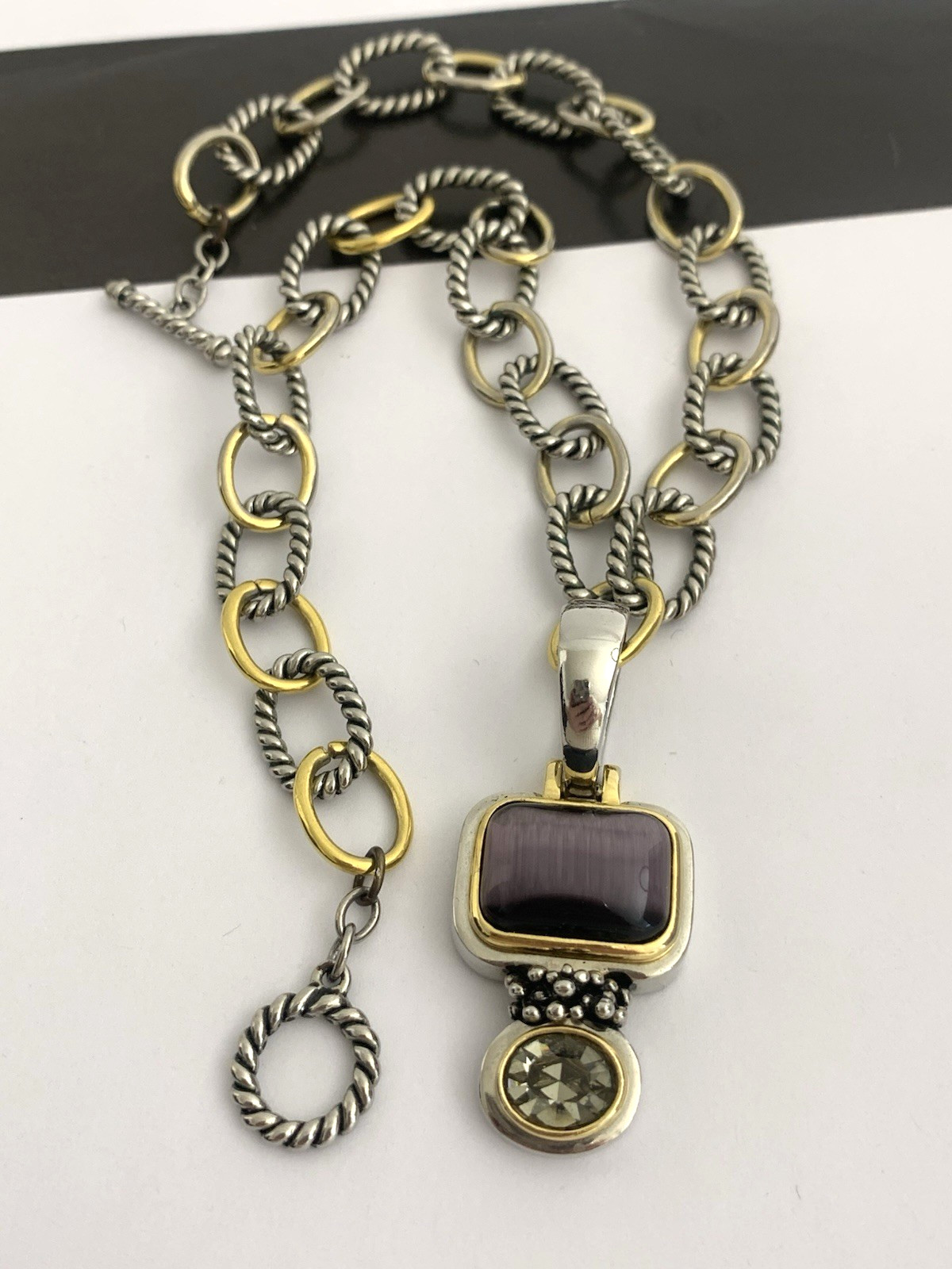 Vintage Silver and Gold Tone Cable Chunky Chain Necklace w/ Purple Stone Pendant