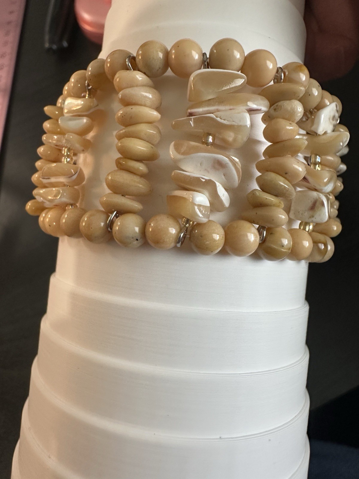 Vintage Tan Stone And White Beaded Layered Stretch Bracelet