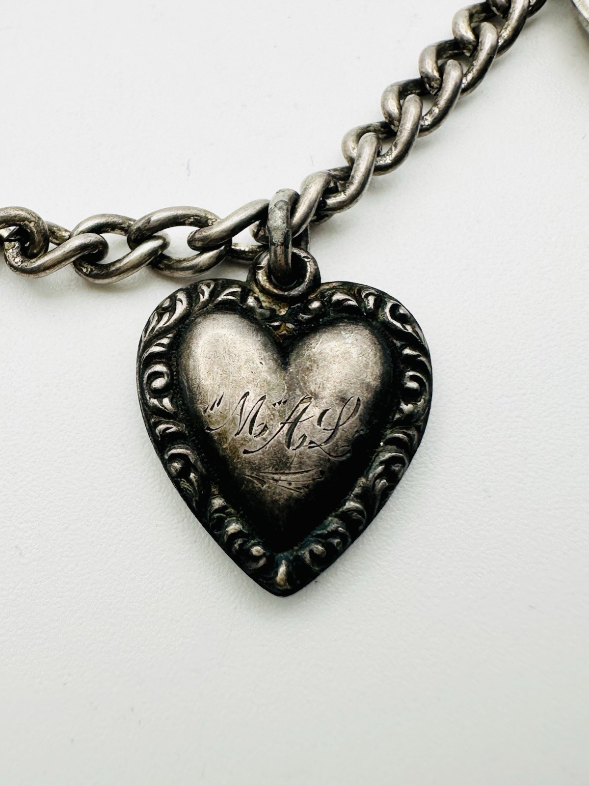 Antique Victorian Sterling Silver Puff Heart Charm Bracelet 7.5”