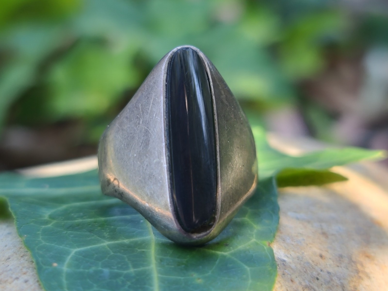 Vtg Sterling 925 Solid Silver Black Onyx Modernist Taxco MEX Ring 8.25sz Signed