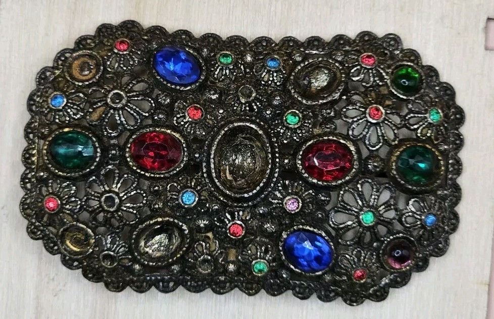 New England Glass Works Brooch Pin Floral Design Faceted Stones Vtg 1940s