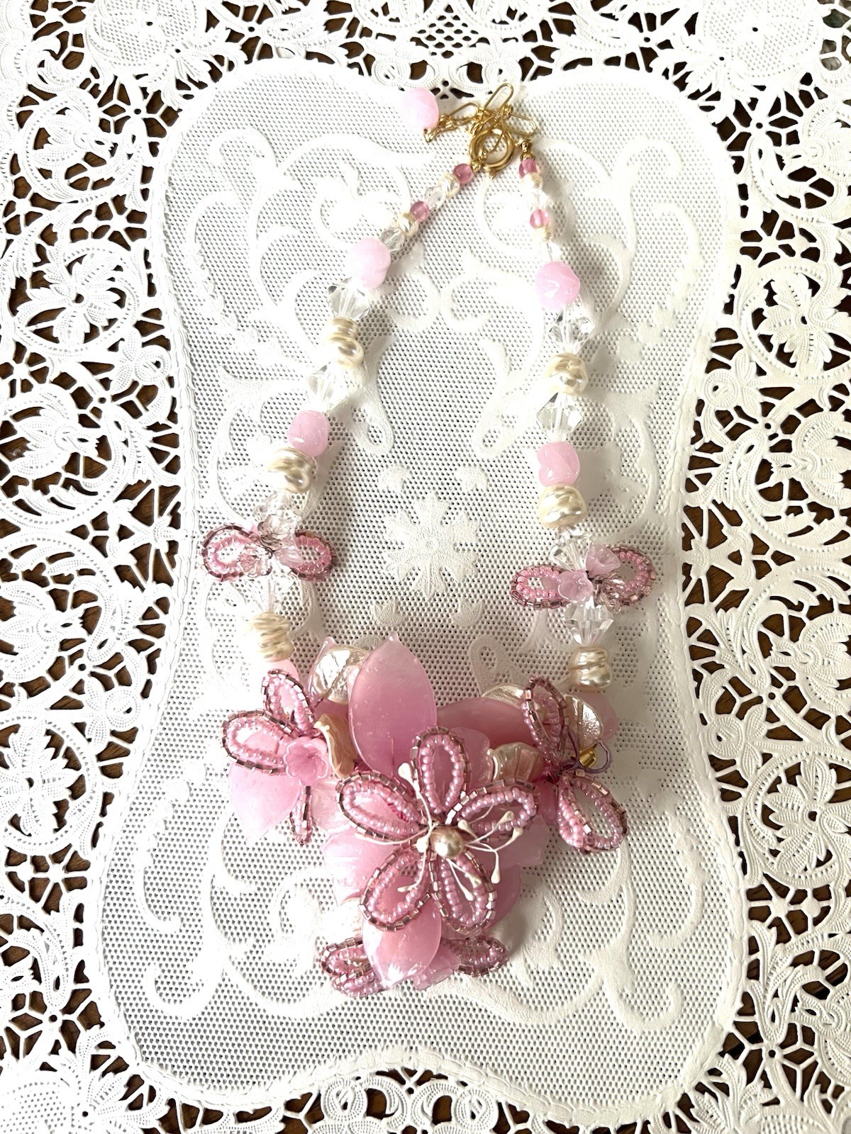 Vintage Venetian Milky Pink Flower Bead Art Glass Necklace 15″ + 3″ Extender