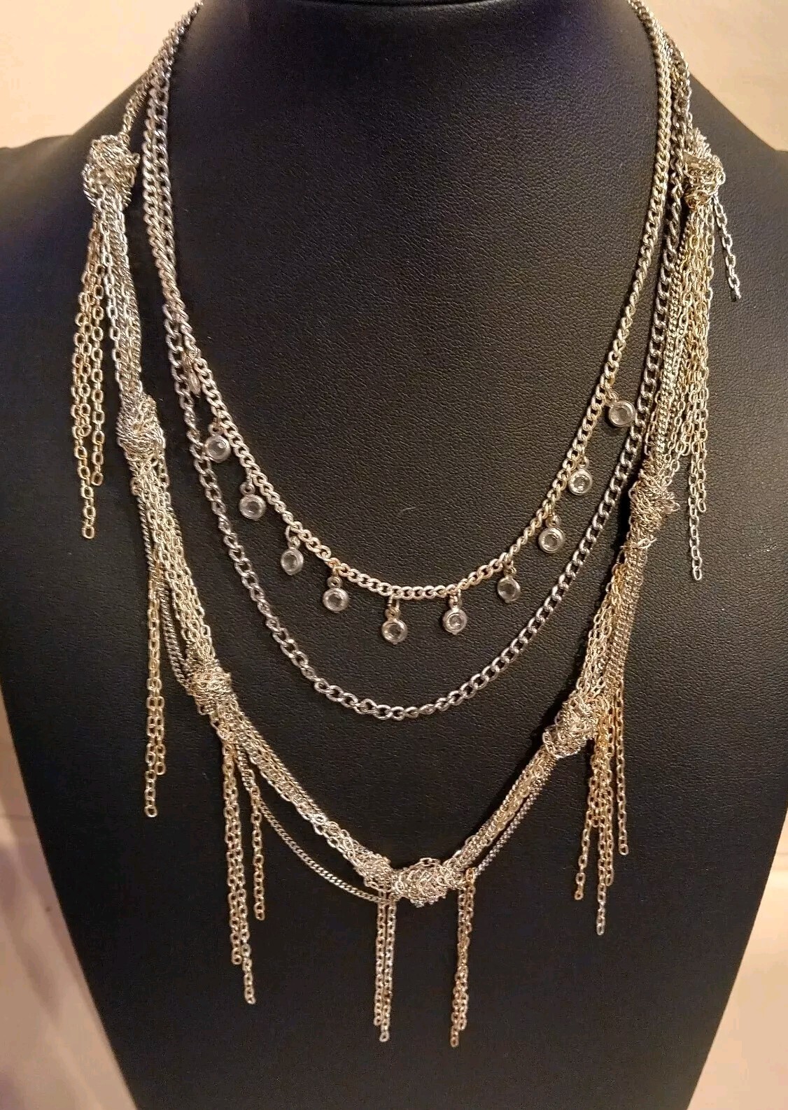 Express Multi Layer Knotted Chain Crystal Fringe Statement Necklace 14″ E001