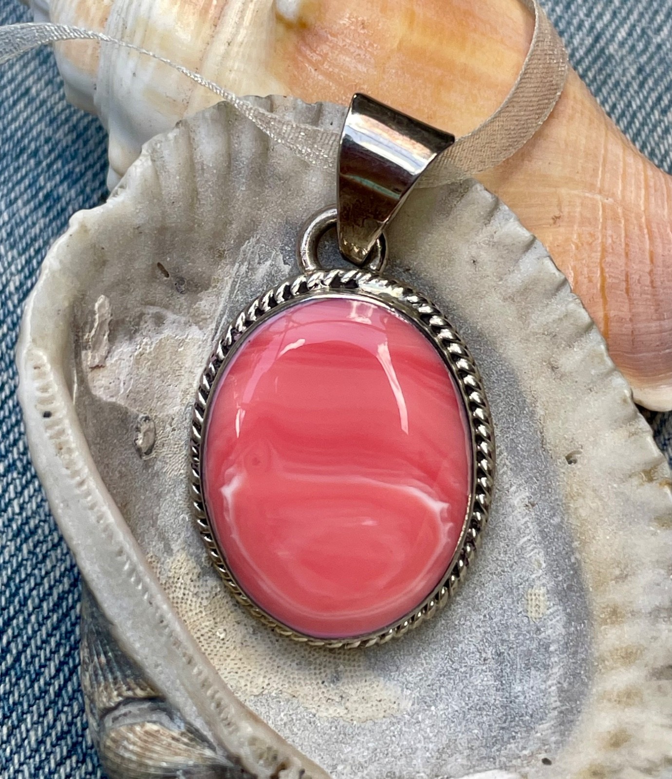 🎥 2″ Beach Peach Pink Spiny Oyster Sterling Silver Mexico Pendant Orange Vtg