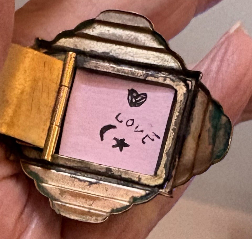 Art Deco Signed MARSH Gold Plate Bangle Snap Open Hidden Secret Locket Bracelet