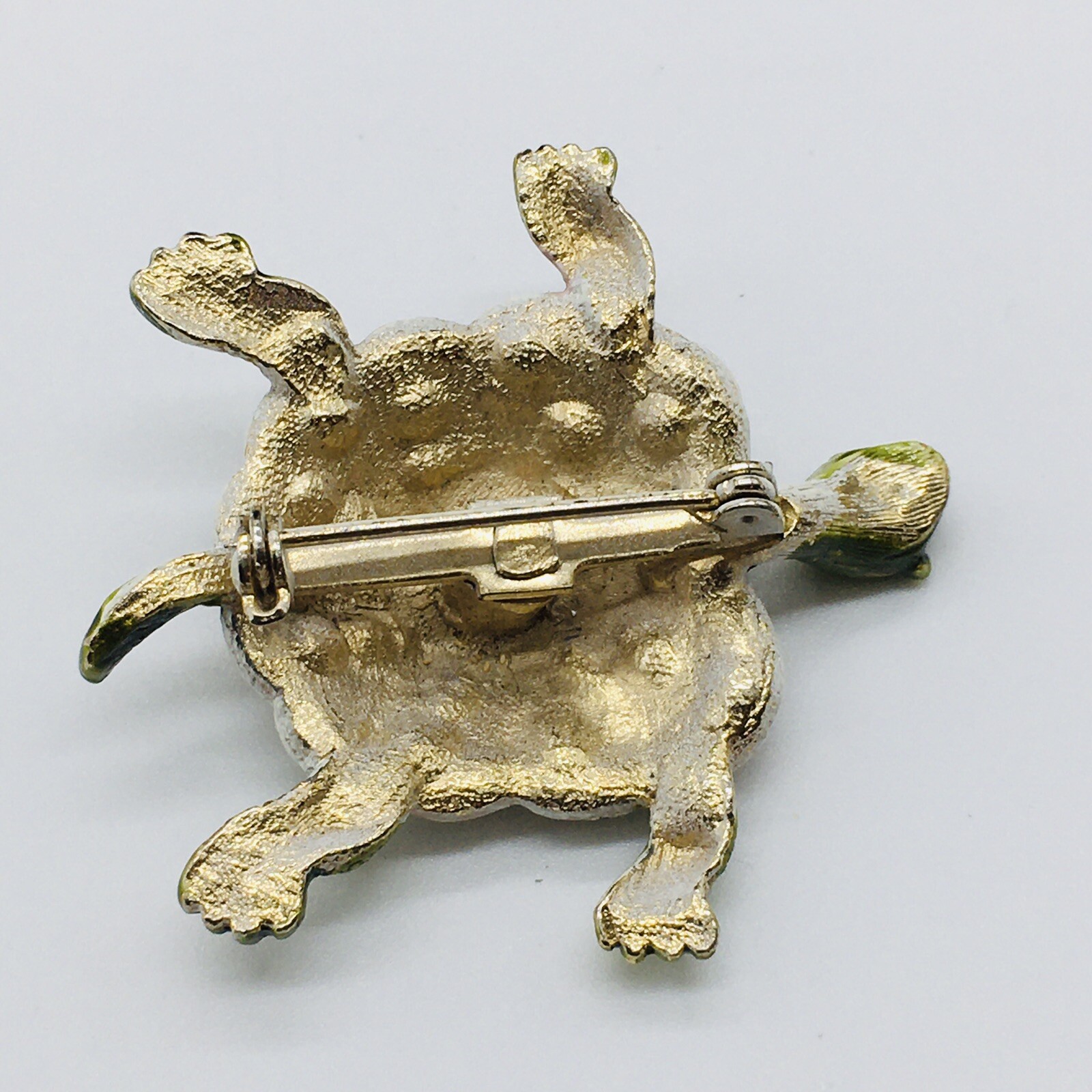 Gold Tone Purple Green White Slow Turtle Brooch 2″