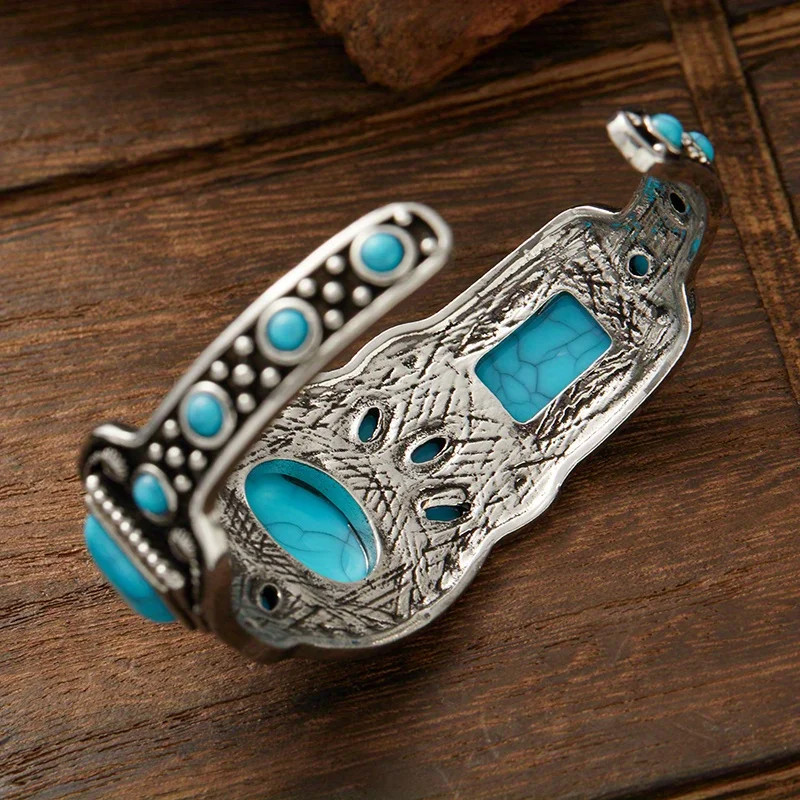 Women’s Vintage Bohemian Jewelry Cuff Bracelet with Faux Turquoise Opening