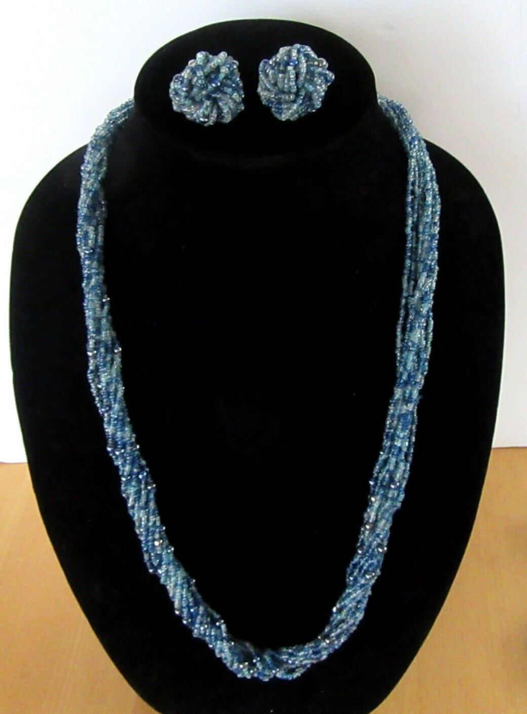 Vintage blue & gray torsade beaded necklace & clip on earrings MCM – Mid Century