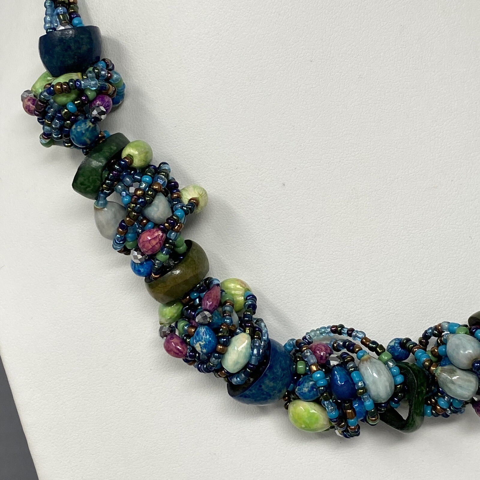 Boho Necklace Vintage Blue Multicolor Seed Bead Dyed Nut Multi Strand Collar 19″