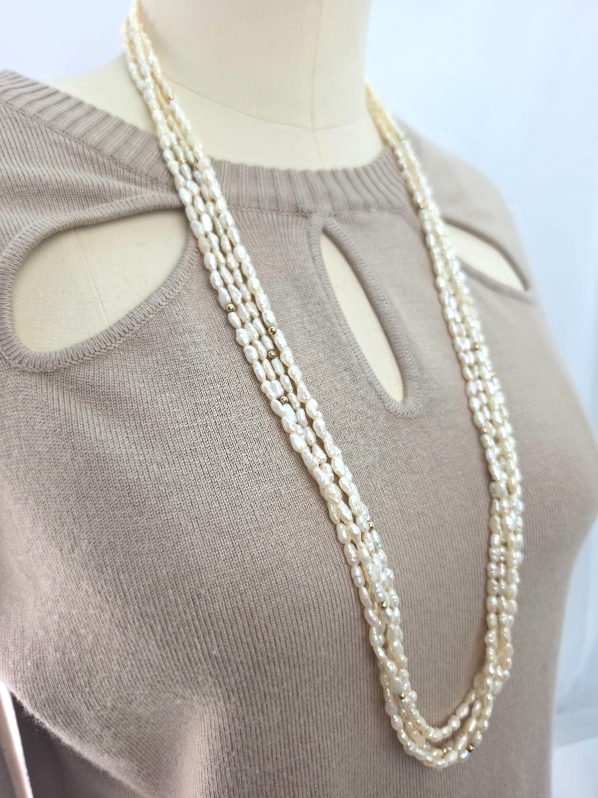 Vintage 5 Strand Cream Rice Pearl 35″ Necklace 14k Yellow Gold Accents