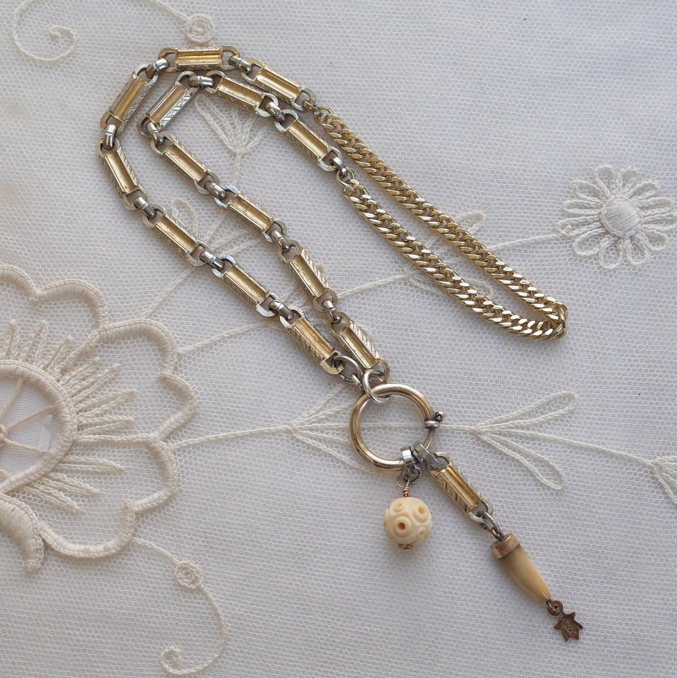 Antique Tooth Fob & Carved Bead Necklace 2 Tone Silver Gold Bar Link Watch Chain
