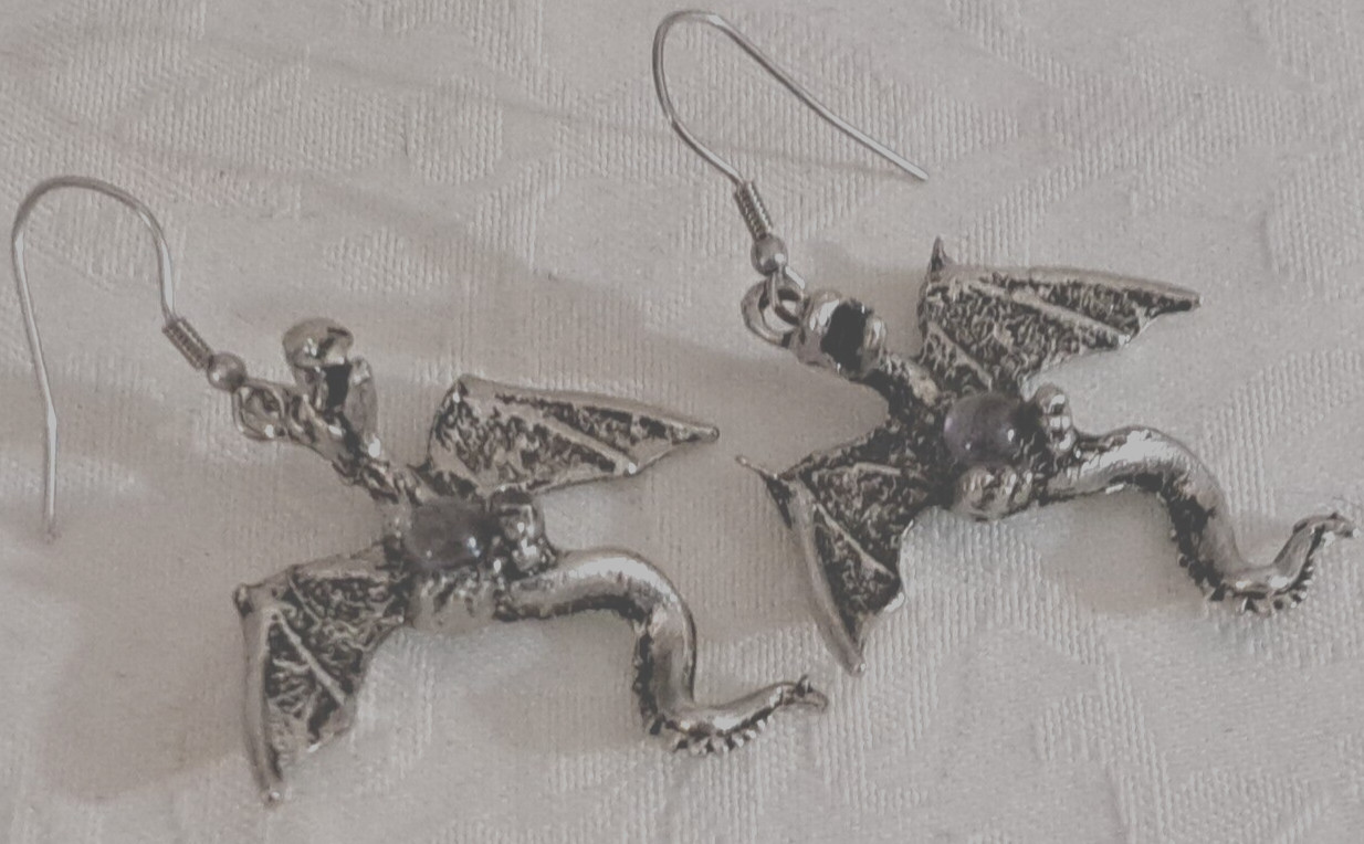 Vintage Fine Metal Dragon Serpent Pierced Earrings Purple Crystal Ball 2.25×1.5