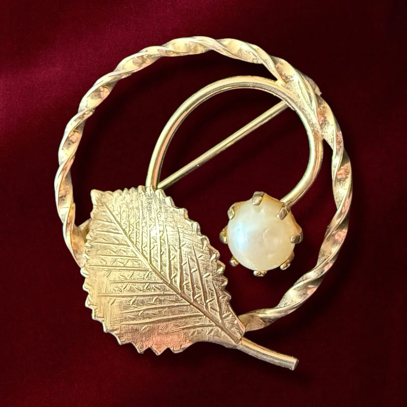 Gold Filled Leaf Brooch Cultured Pearl Pin Mid Century 1950s 12K GF Signed AC