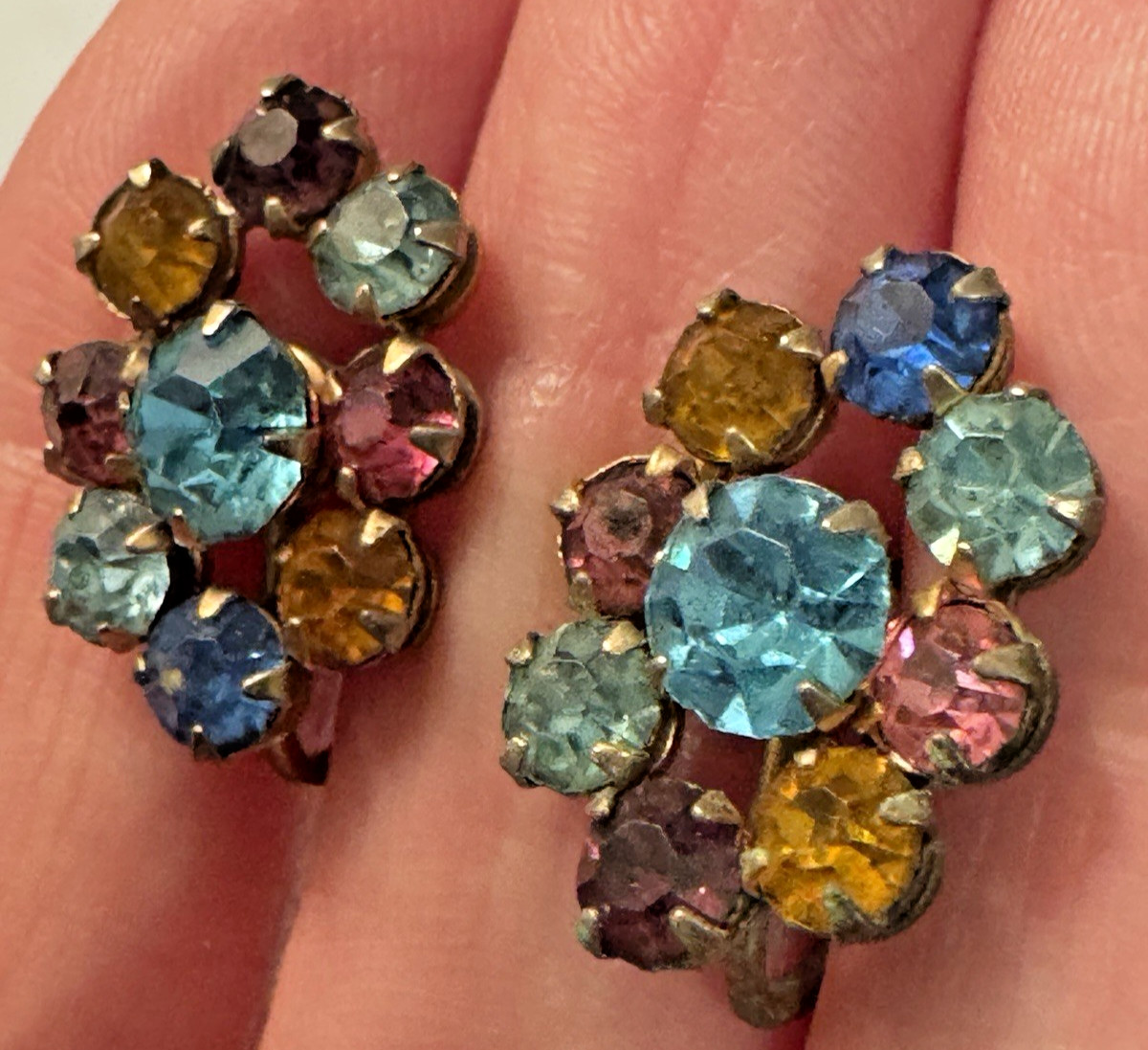 Colorful Vintage Rhinestone Earrings Twist Back Clip On Old Money Quiet Luxury