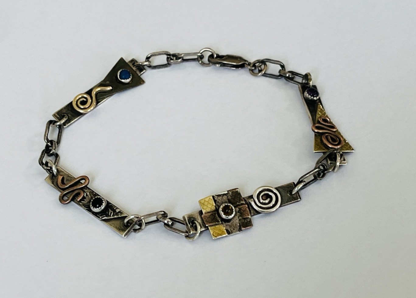 Vintage Signed MA Modernist Mixed Metal Sterling Silver Stone Link Bracelet