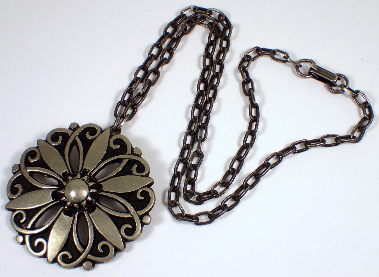 HUGE Vtg MCM Borje Tennung Sweden BT T9 Pewter Flower Brooch Pendant Necklace