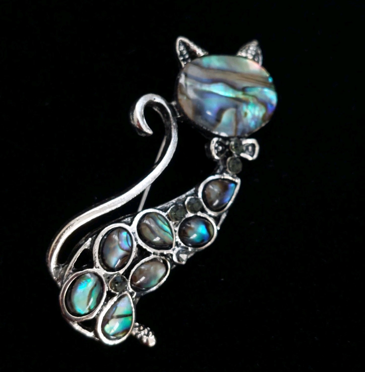 Whimsical Retro Cat Brooch Faux Abalone Silver Tone MCM Style 2″