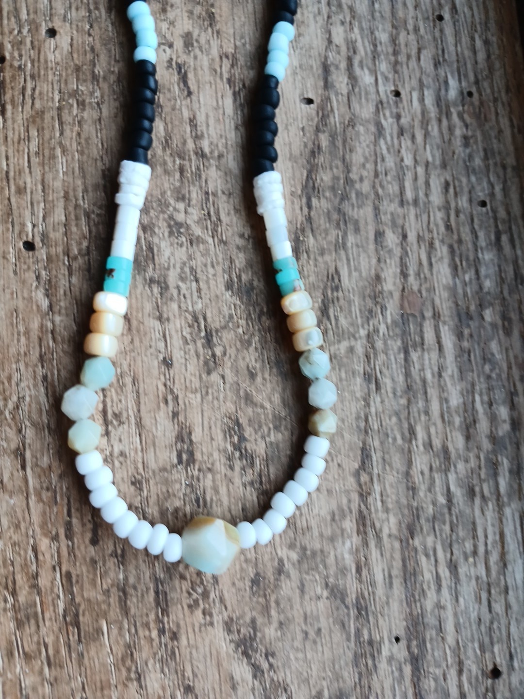 Amazonite River Shell Glass Bead Necklace Hemp Cord Hippie Boho Layering