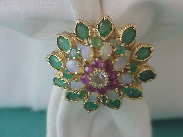 VINTAGE EUROPEAN DIAMOND-EMERALD-RUBY & OPAL STARBRUST RING SZ 5 1/2 RARE FIND