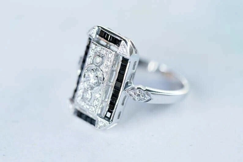 1.80Ct Art Deco Style Lab Created Diamond & Onyx Wedding 14K White Gold FN Ring