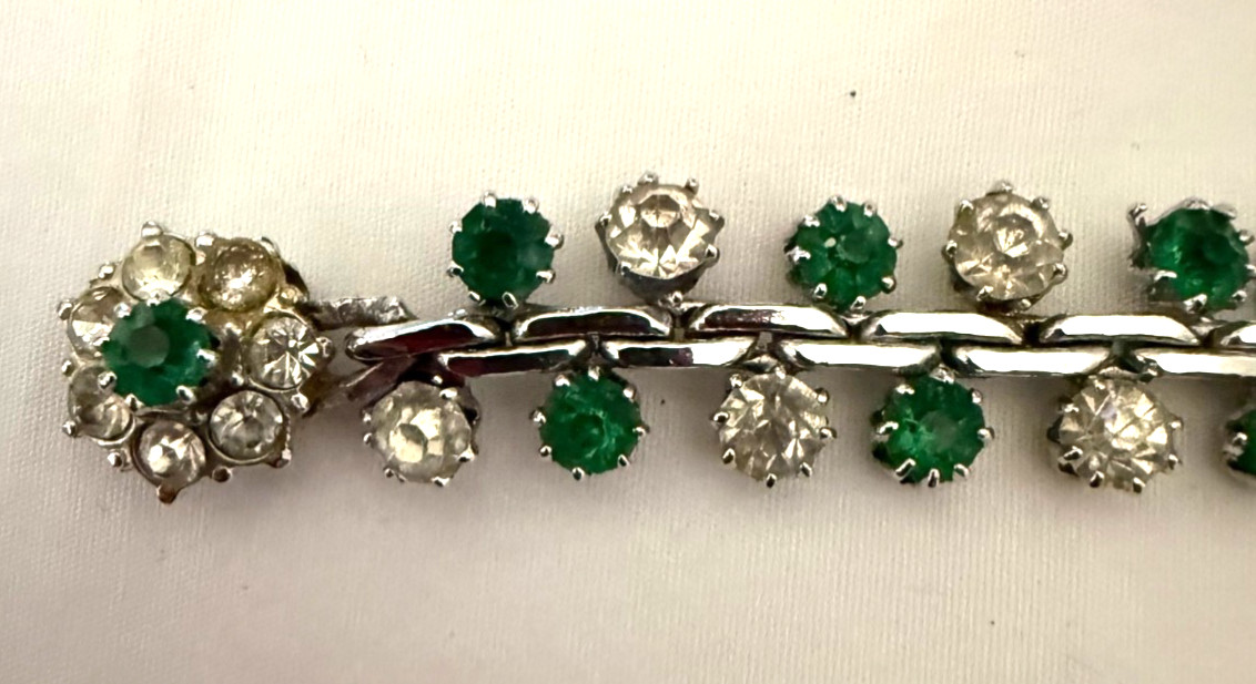 Vintage Crystal Emerald Diamond Rhinestone Silver Bracelet 7.25 inches Ornate