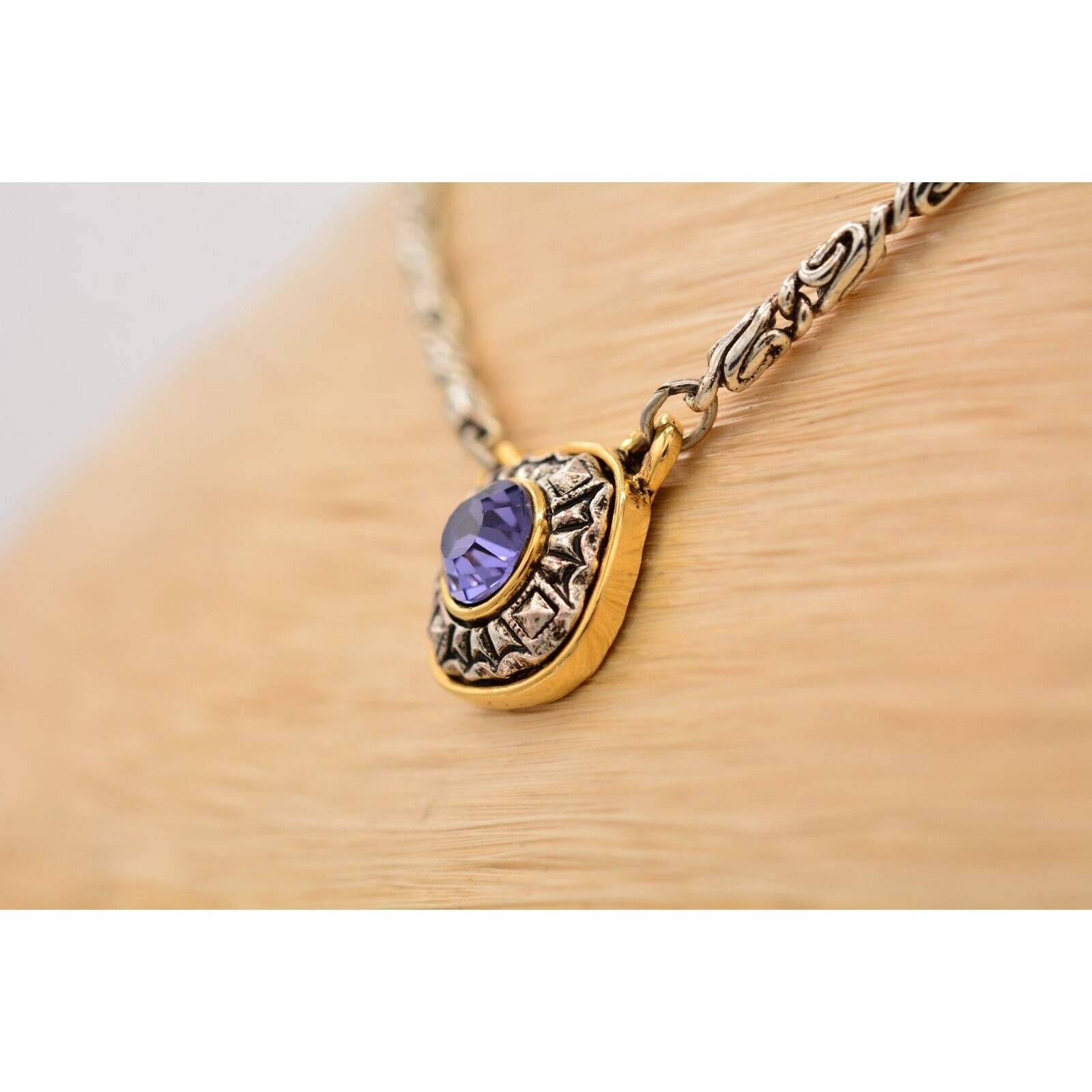 1928 Vintage Crystal Necklace Purple Rhinestone Silver Gold Signed 1990s BinAU