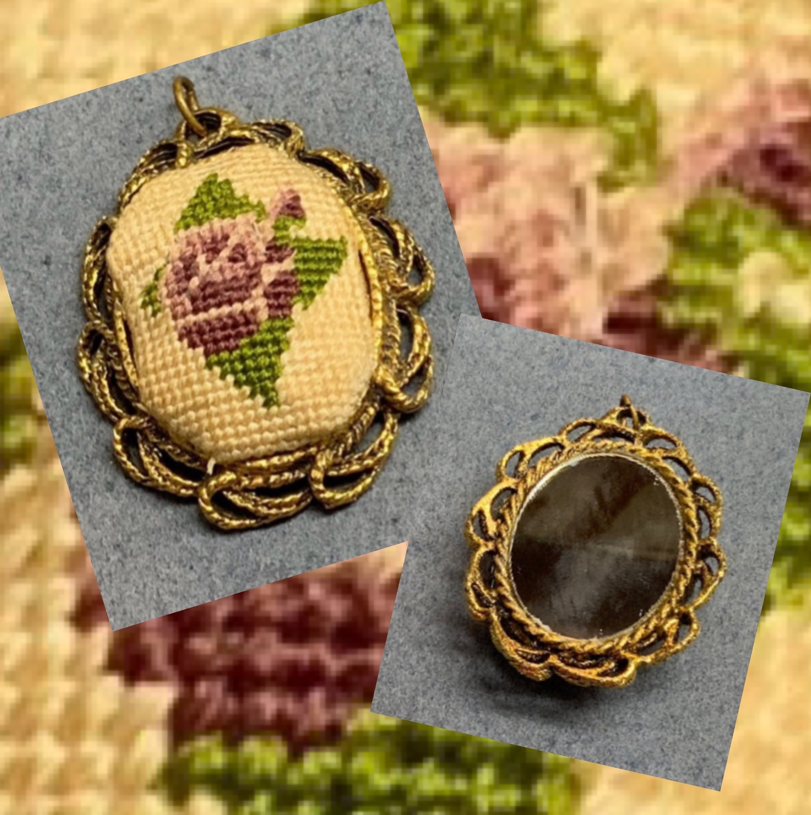 Vintage Needlepoint Mirror Pendant As Is Retro Gold Cream Purple Green Flower