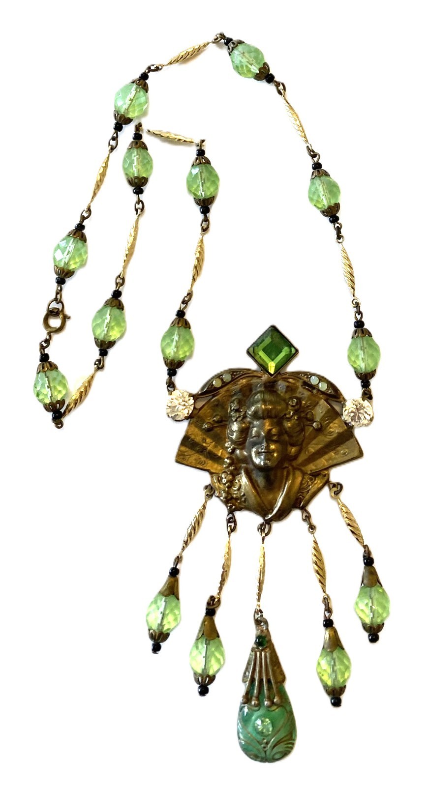 Vintage Art Deco Czech Glass Necklace- Geisha & Fan Motif, Green Glass Beads.