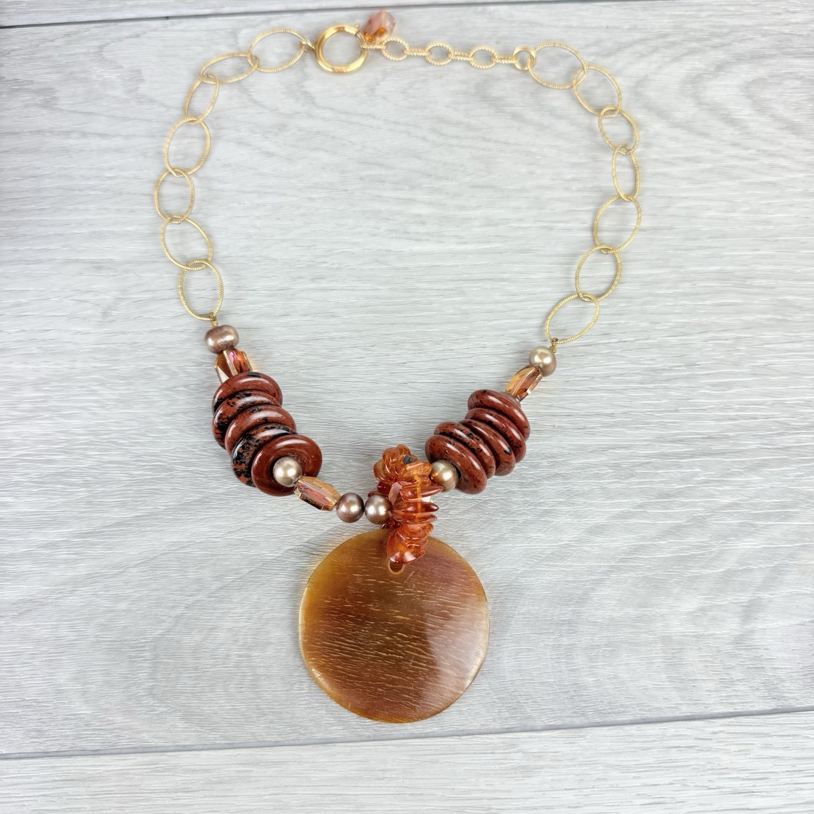 Vintage 14K Gold Filled Baltic Amber Pearl Chunky Chain Link Pendant Necklace