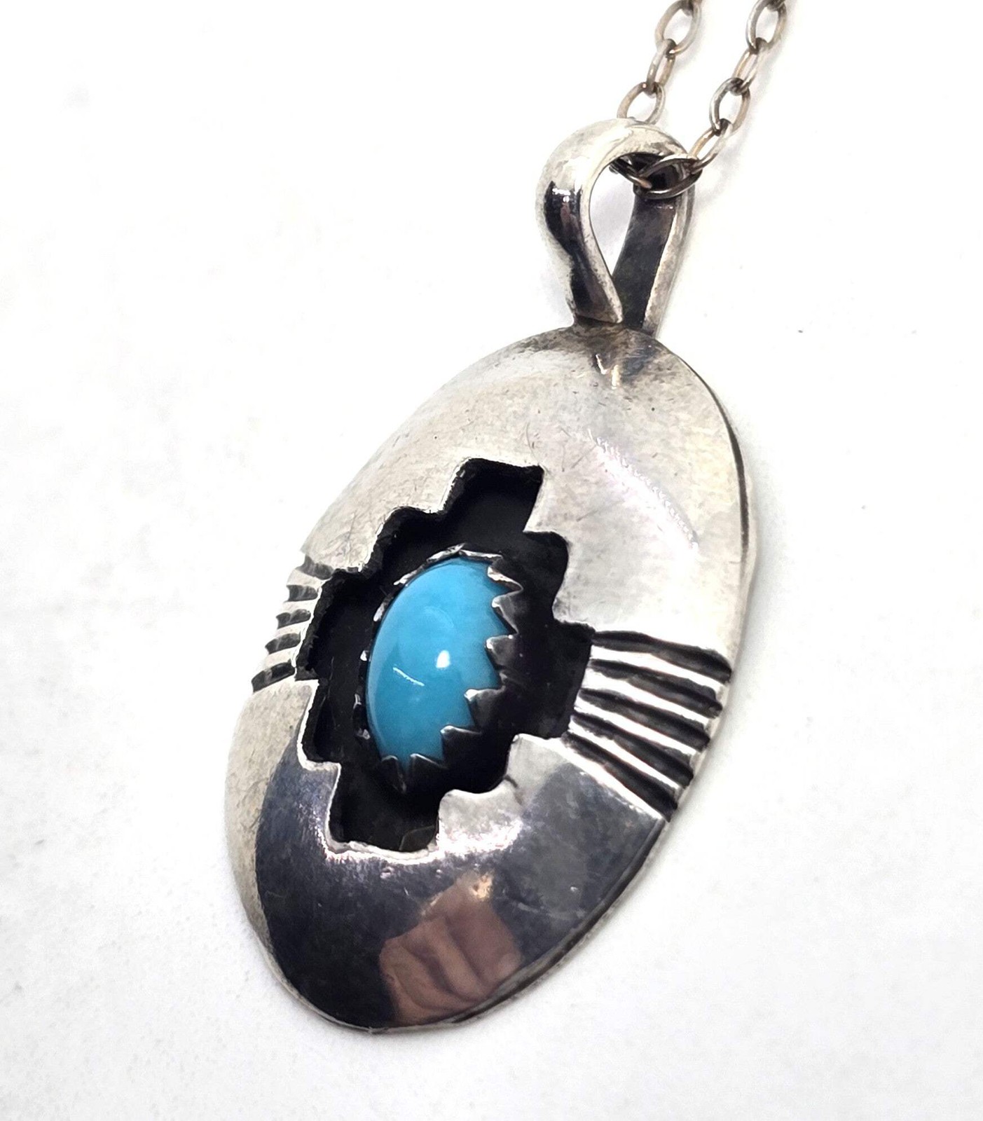 Navajo shadow box turquoise vintage sterling silver pendant necklace
