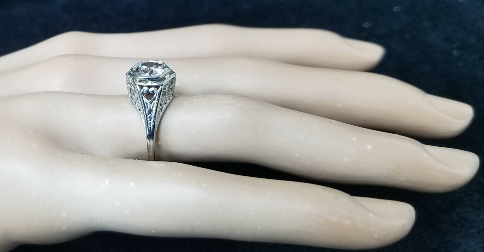 18k White Gold Vintage Engagement Ring 1.10ct.Euro Cut Round Champagne Diamond
