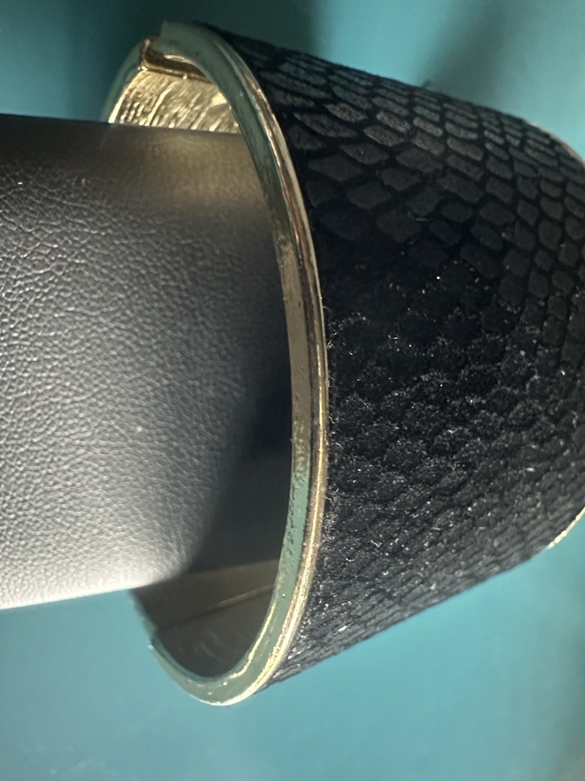 Faux black leather and rhinestone bangle cuff bracelet with gold color trim VTG