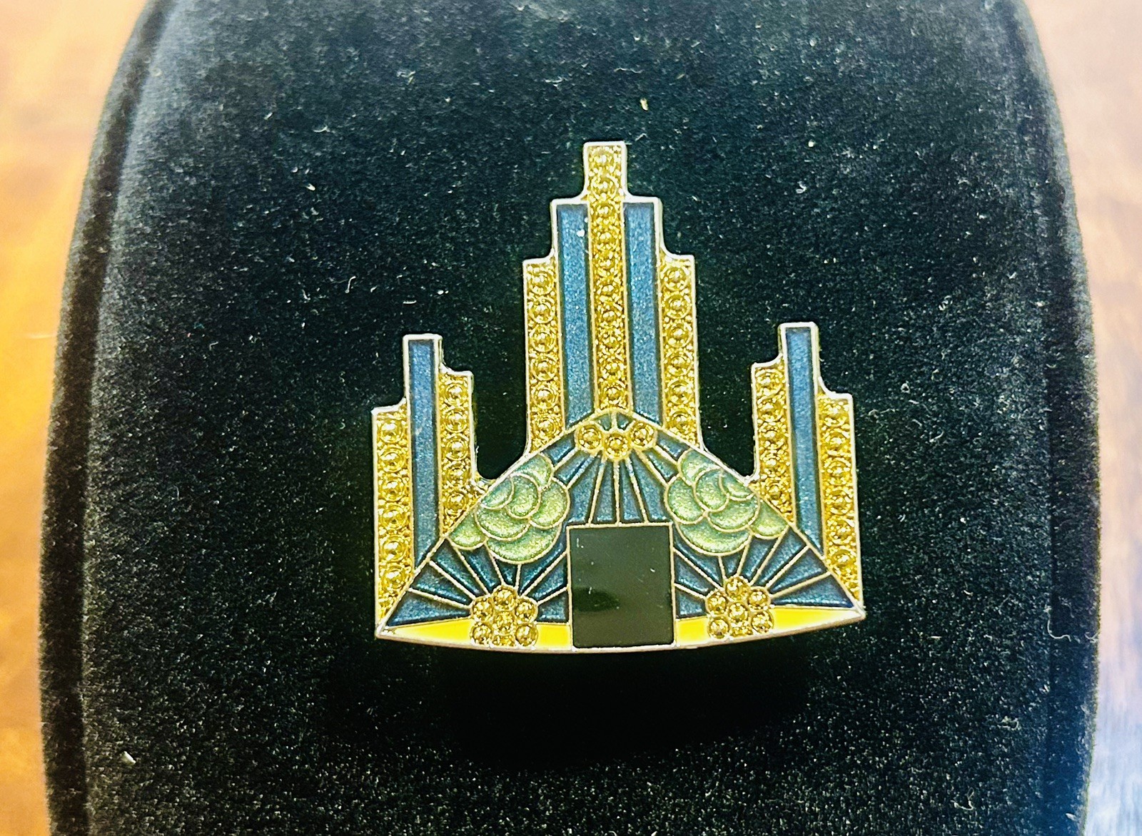 Pierre Bex Inspired Art Deco Style Green Gold Black Vintage Brooch Pin Buildings
