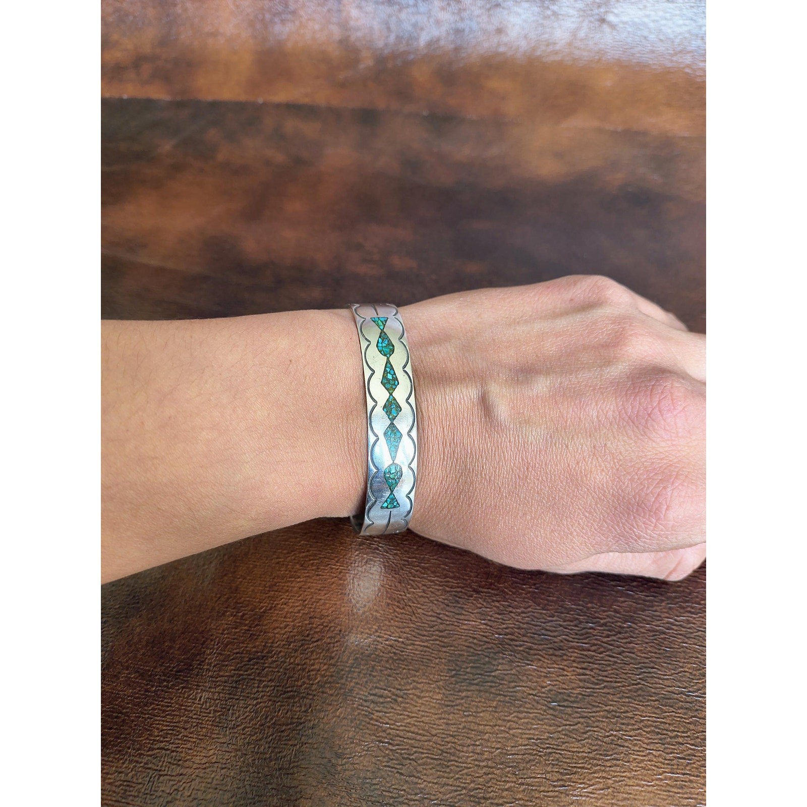Vintage Sterling Silver Turquoise Chip Inlay Cuff Bracelet Southwestern Stamped