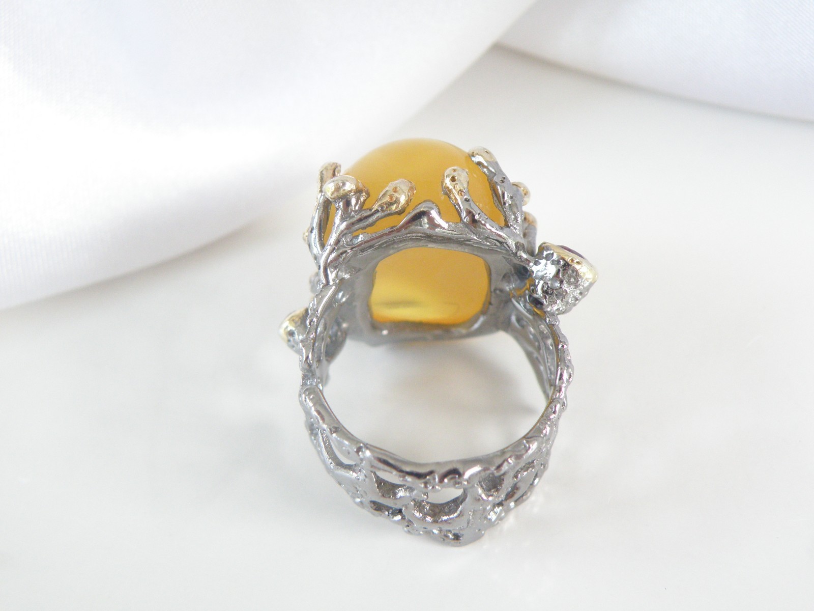 Brutalist Sterling Silver 925 Huge Butterscotch Amber Modern Statement Ring 7.5