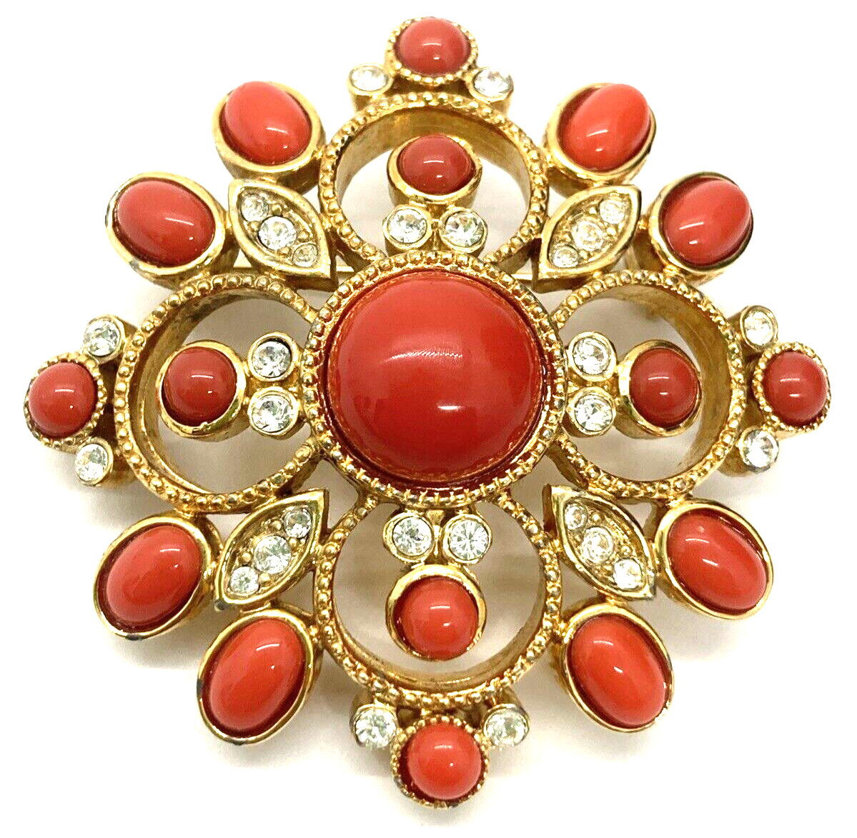 Vintage Faux Coral Cabochon & Pave Clear Rhinestone Brooch Gold Tone Pin Jewelry