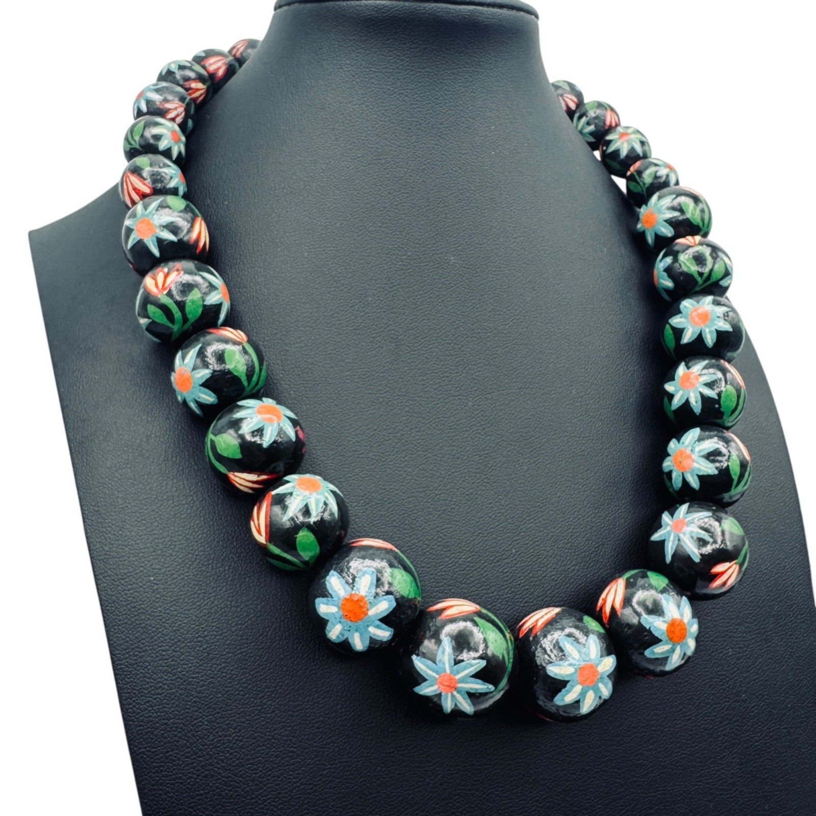 Vintage Chunky Hand Painted Wood Bead Necklace Black Multi-Color Floral BOHO