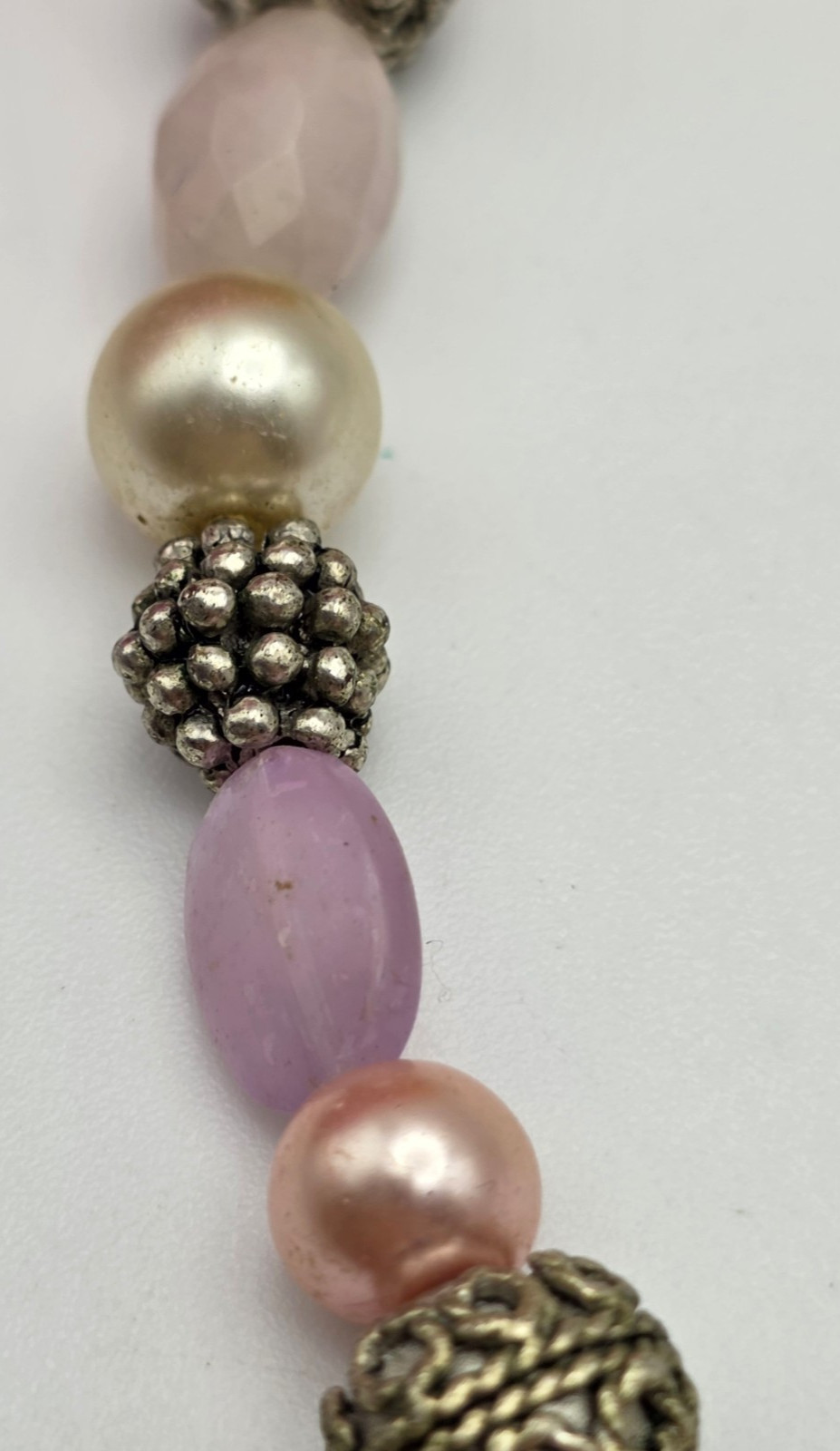Vintage George Pink Lavender Lucite Faux Pearl Beaded Necklace 18 In Silver Tone