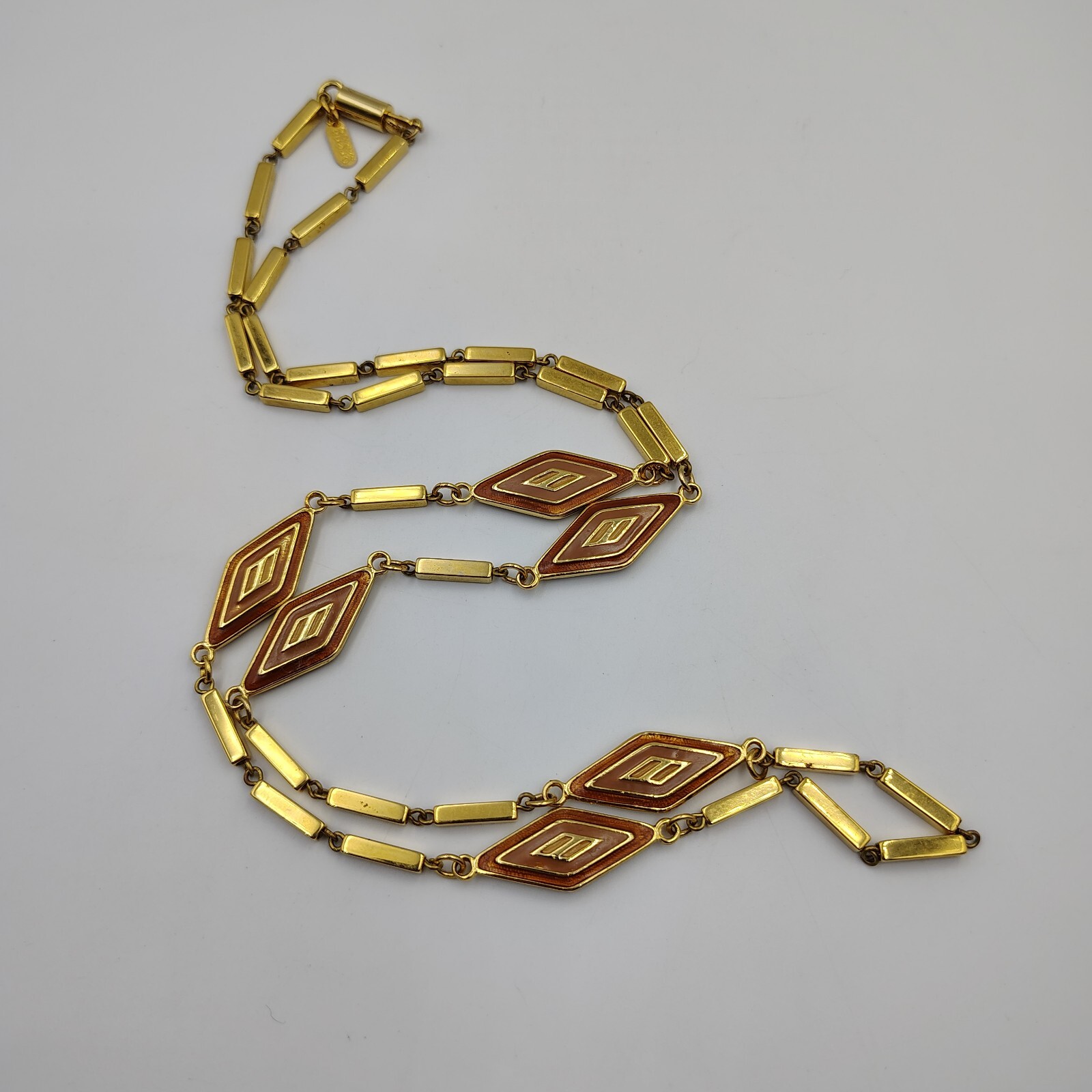 Vintage Orena Paris Gold Tone Enamoring Geometric Station Long Necklace