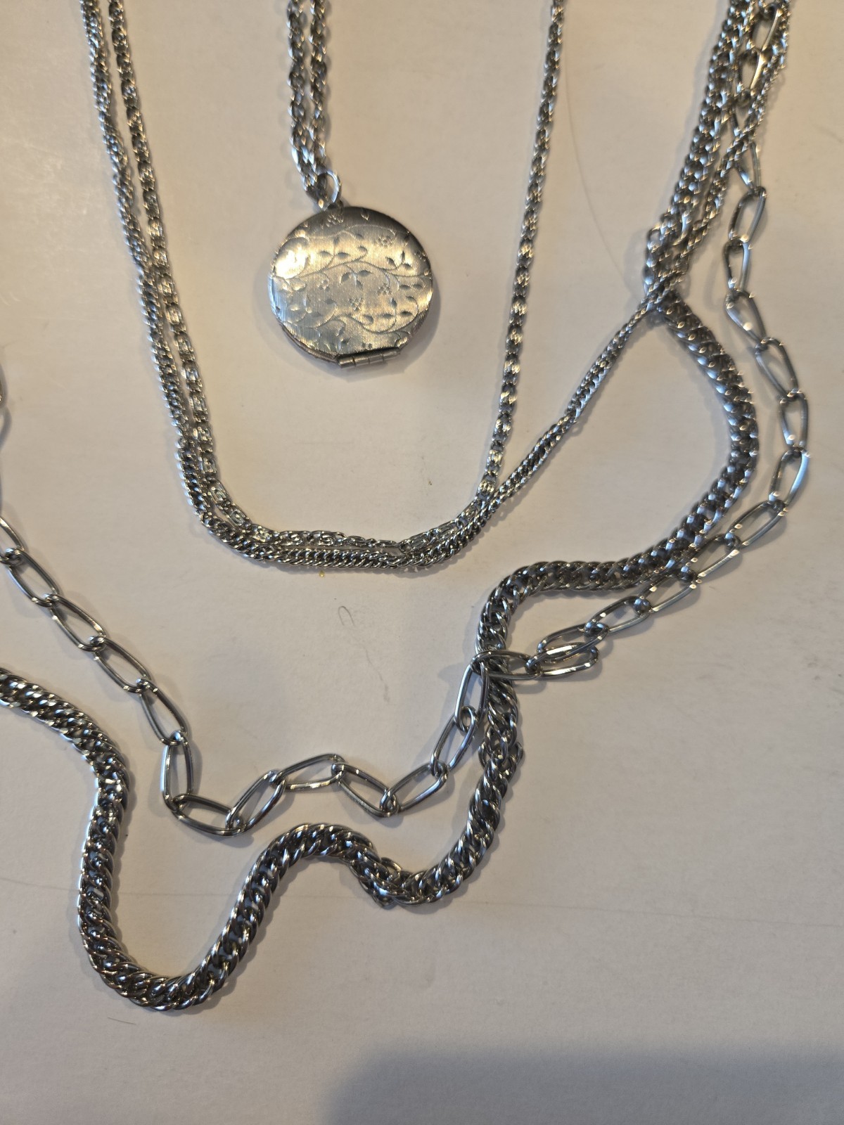 VINTAGE Multi Layer Strand Chain Necklace ROUND LOCKET PENDANT Long SILVERTONE
