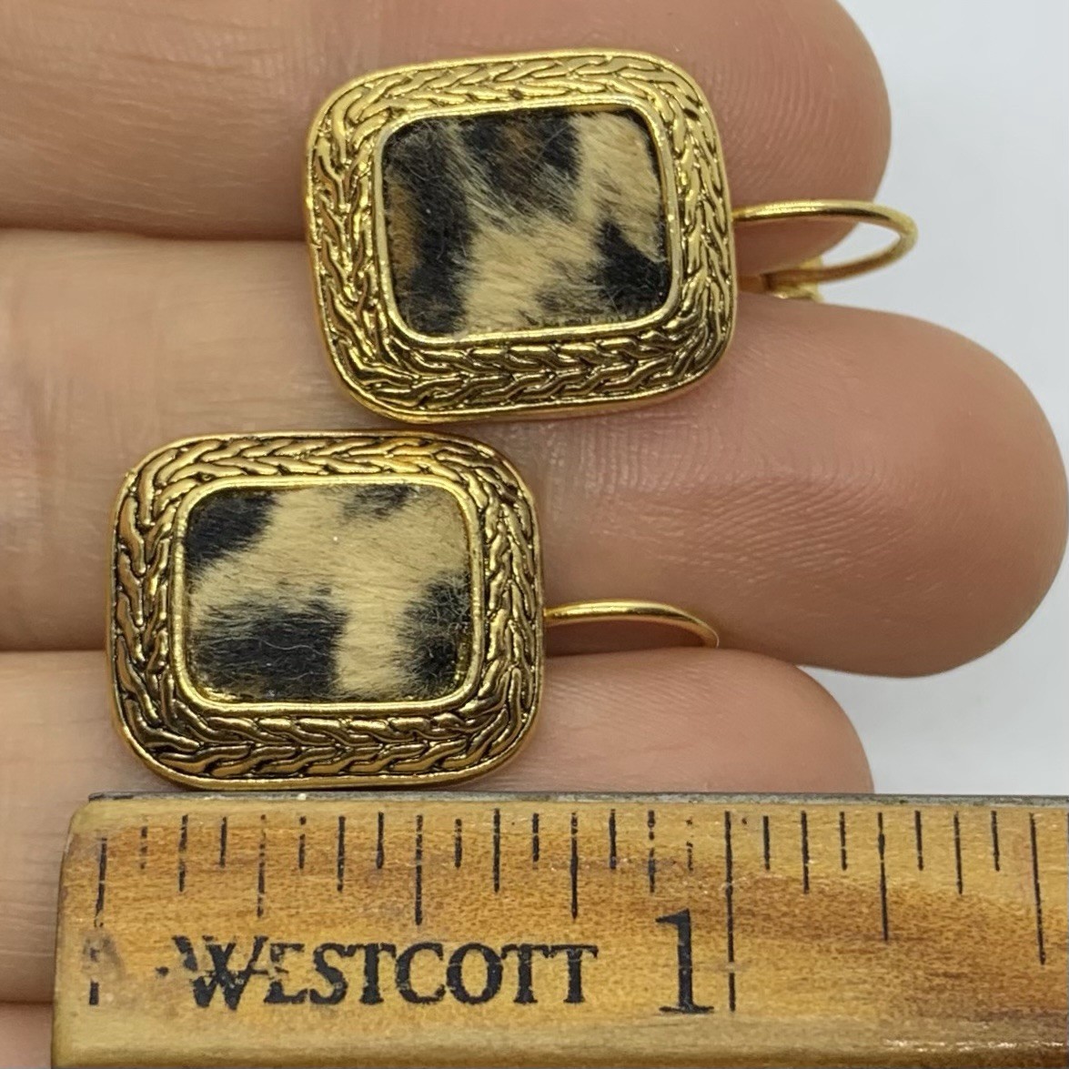 Vtg 90s Cheetah Faux Fur Gold Tn Chain Link Leverback Earrings Rectangle Bold