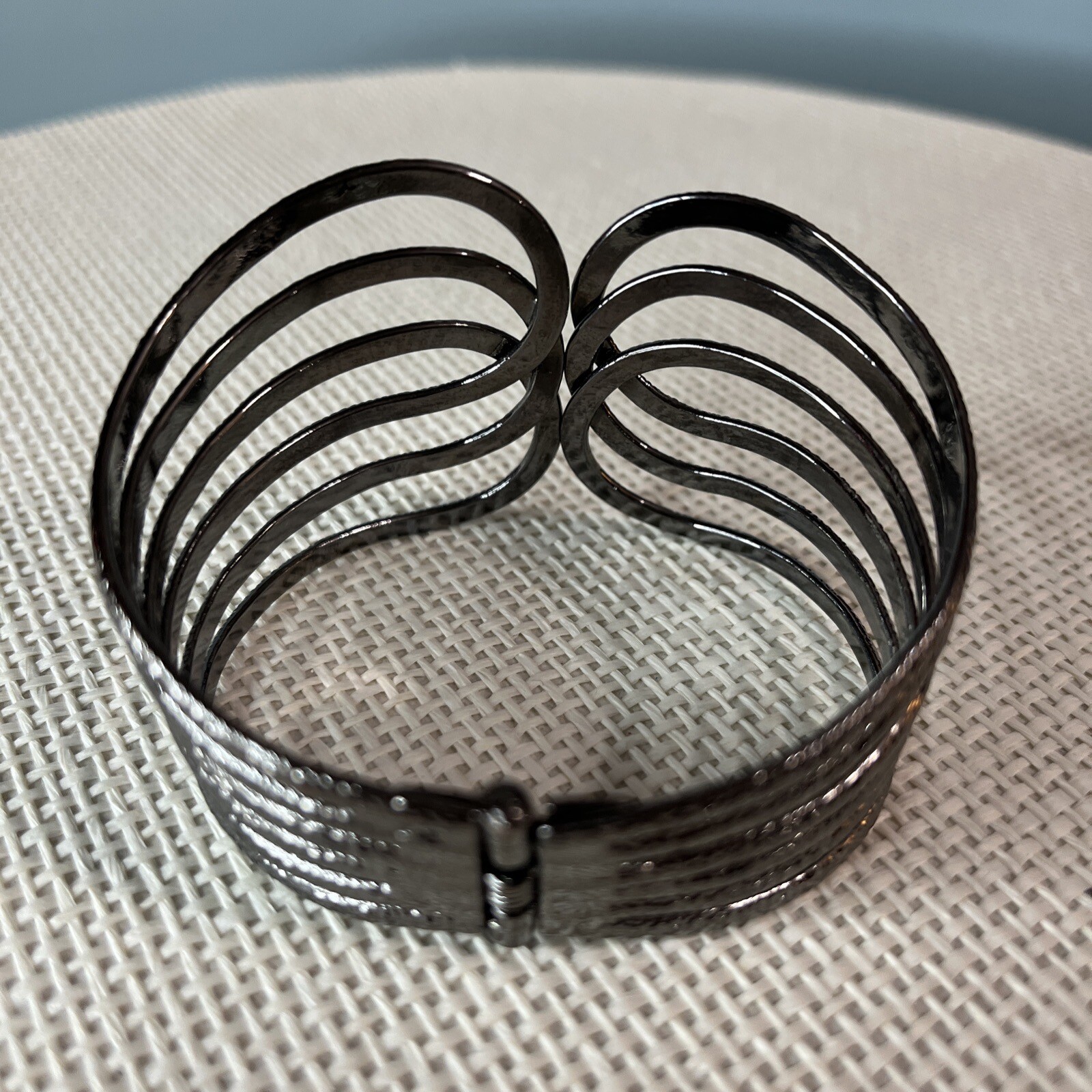 Vintage Grey Metal Scalloped Front Opening Hinged Cuff Bracelet