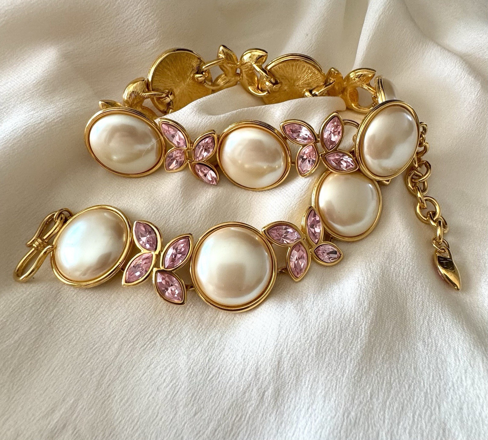 Vintage Monet Runway Necklace Faux Pearls Pink Crystal Gold Tone Statement