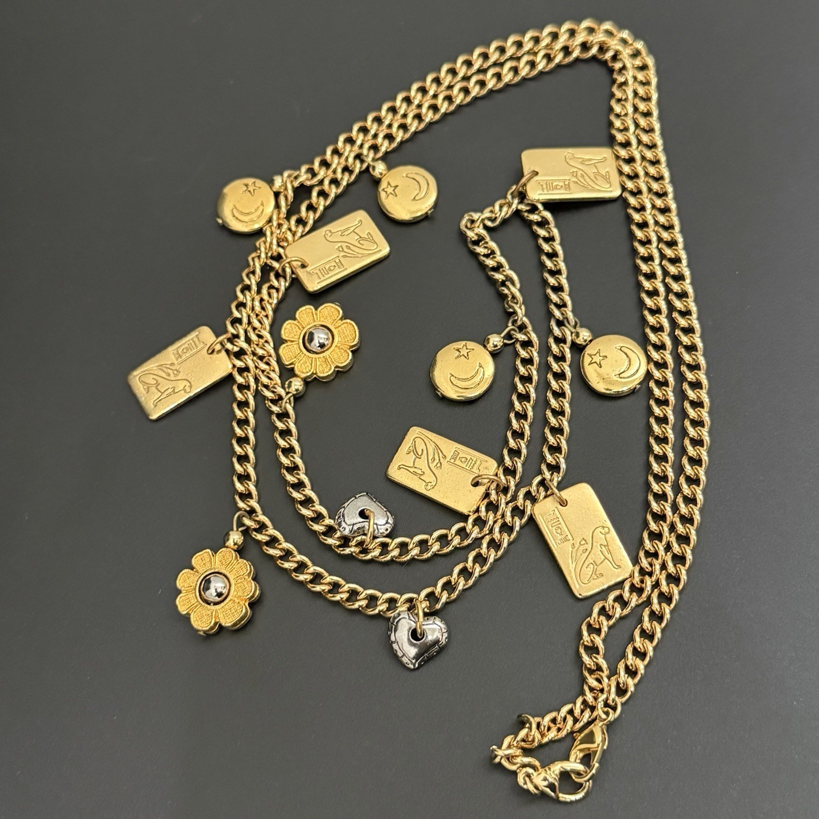 Vintage LCI Liz Claiborne Gold-tone Tarot Flower Star Moon Charm 38”Necklace 83g