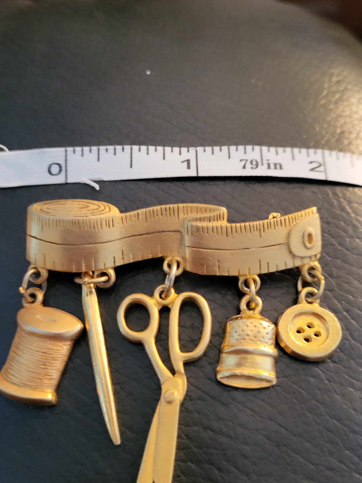 Vintage JJ Signed Brushed Goldtone Sewing Tape Thread Scissors Thimble Brooch